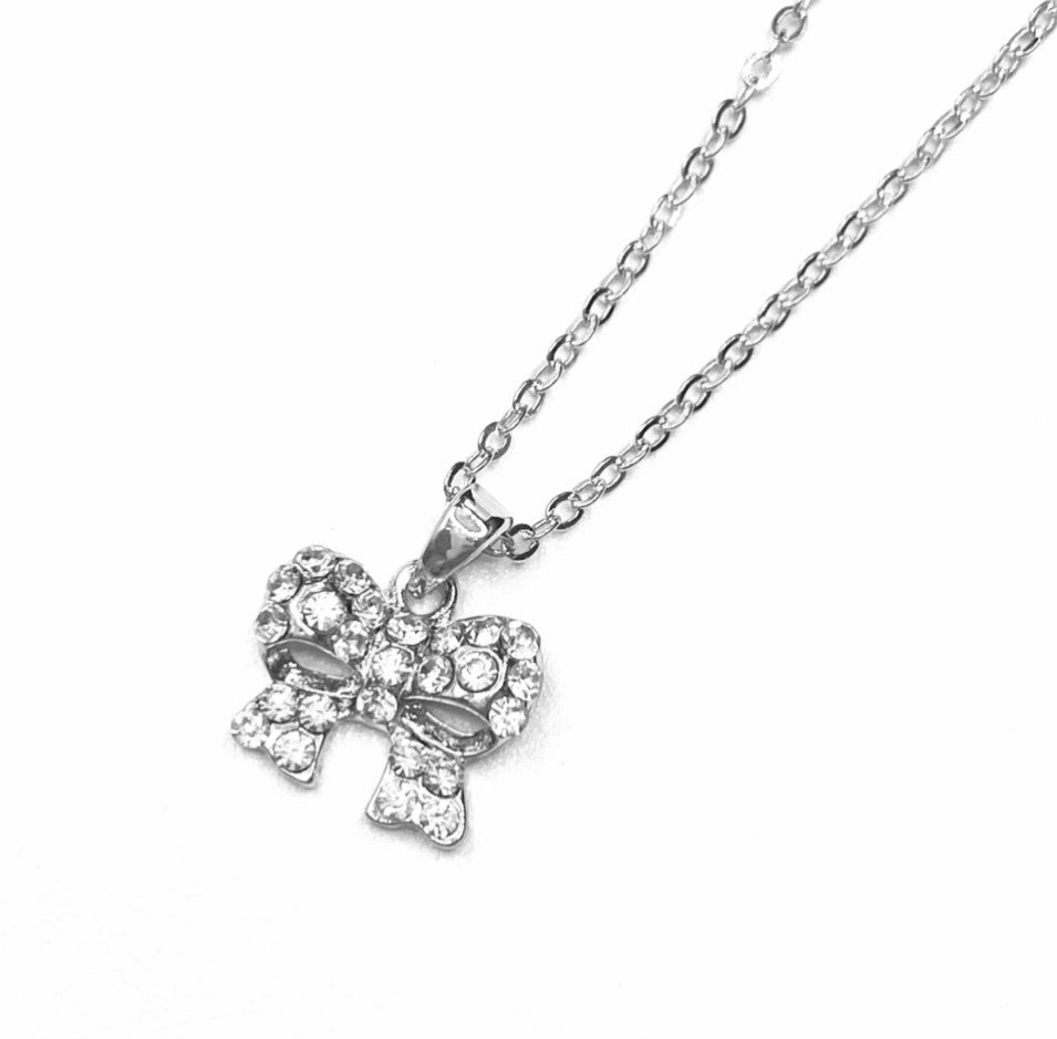 Necklace Charm Rhinestone Bow Silver Clear