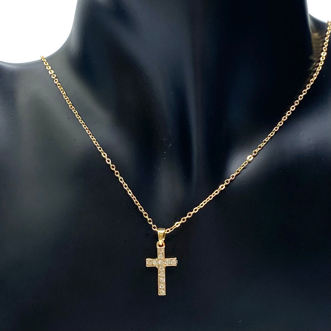 Necklace Charm Rhinestone Cross Gold Clear