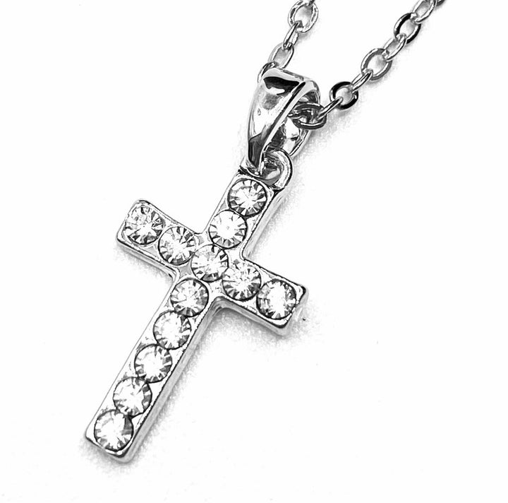 Necklace Charm Rhinestone Cross Silver Clear