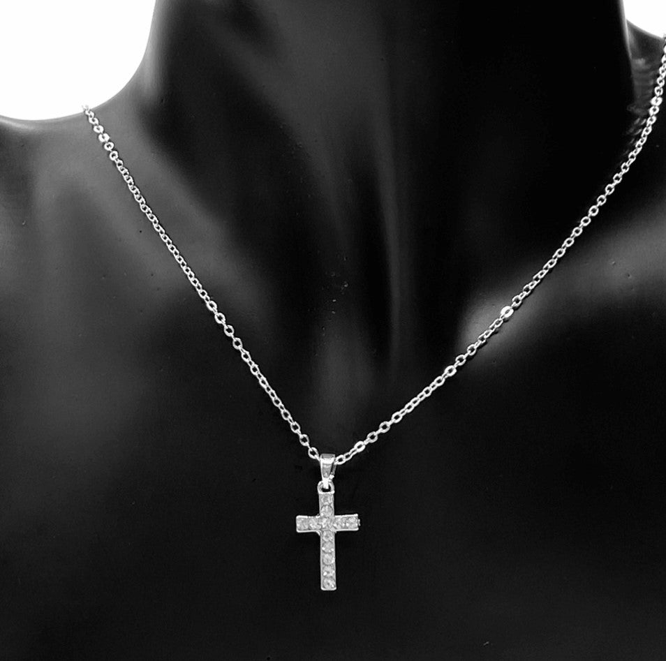 Necklace Charm Rhinestone Cross Silver Clear