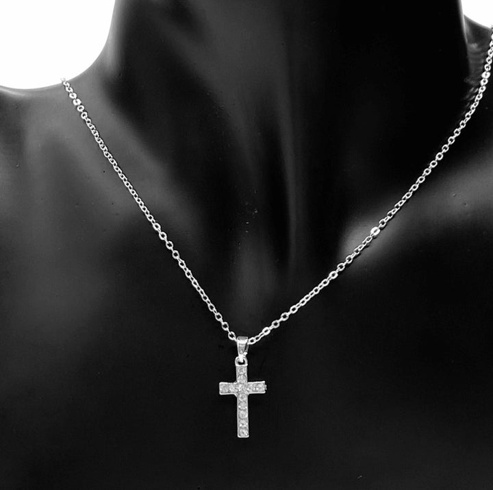 Necklace Charm Rhinestone Cross Silver Clear