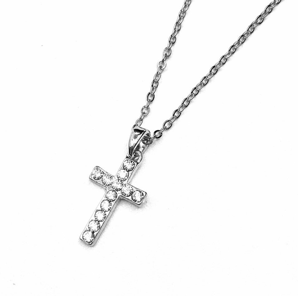 Necklace Charm Rhinestone Cross Silver Clear