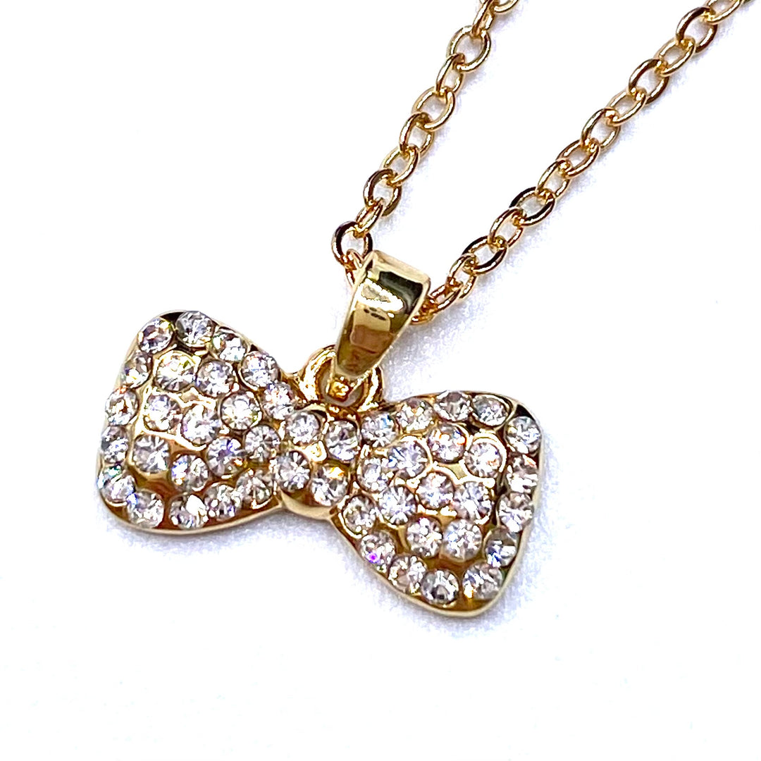 Necklace Charm Rhinestone Bow Gold Clear