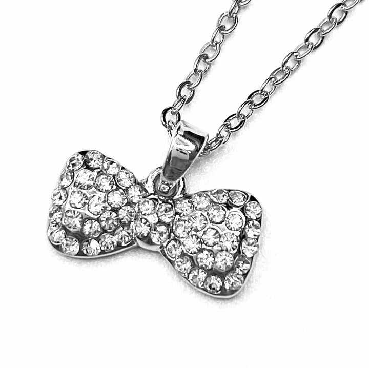 Necklace Charm Rhinestone Bow Silver Clear