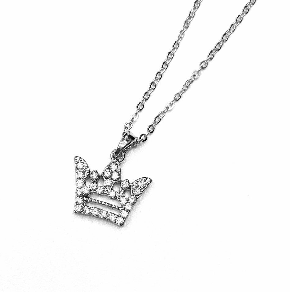 Necklace Charm Rhinestone Crown Silver Clear