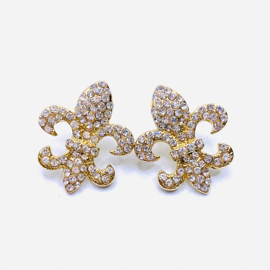 Earring Stud Rhinestone Fleur de Lis 1 inch