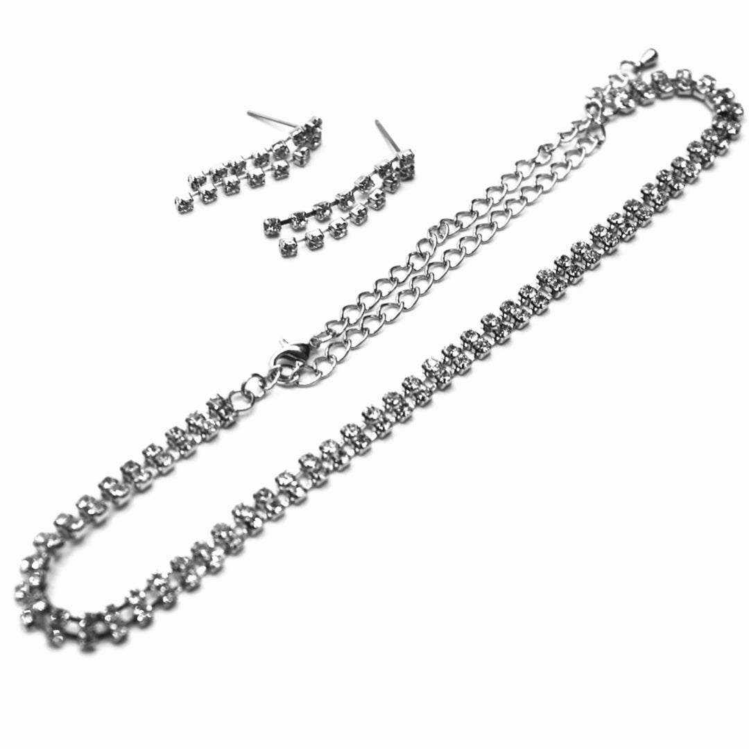Necklace Set Rhinestone Choker 2 Row Silver Clear