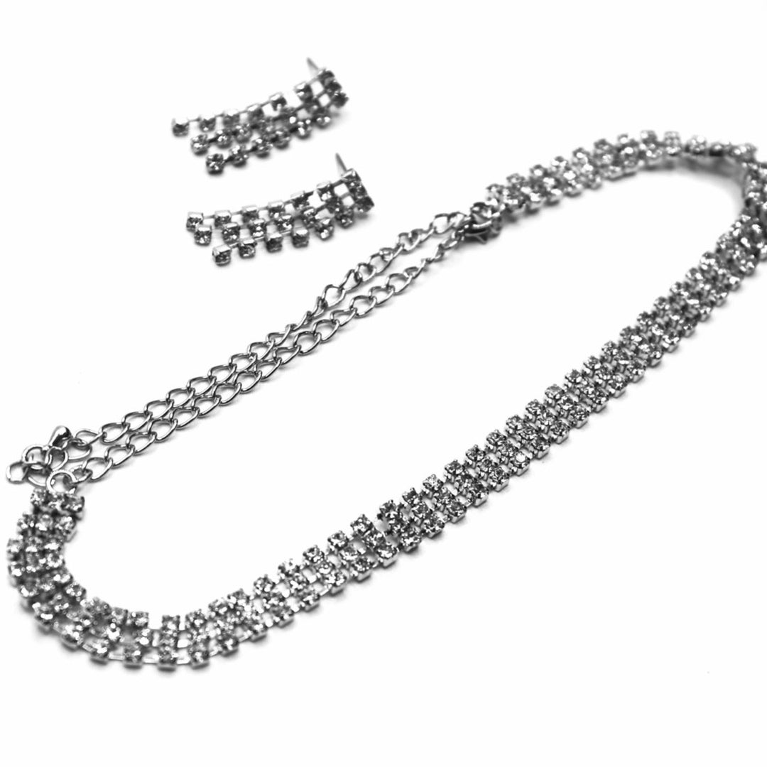 Necklace Set Rhinestone Choker 3 Row Silver Clear