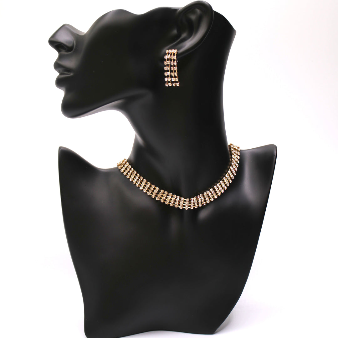 Necklace Set Rhinestone Choker 4 Row Gold Clear