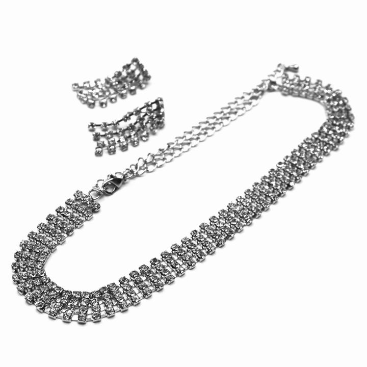 Necklace Set Rhinestone Choker 4 Row Silver Clear