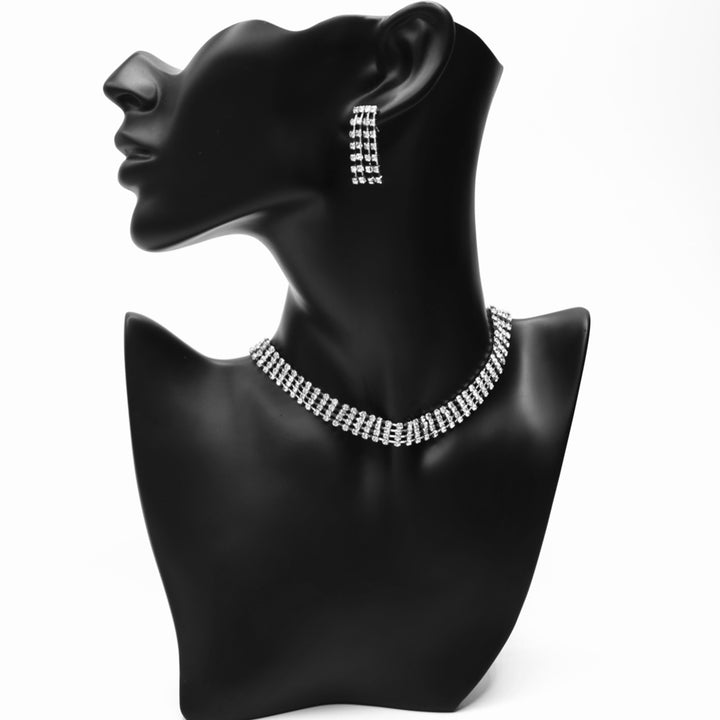 Necklace Set Rhinestone Choker 4 Row Silver Clear