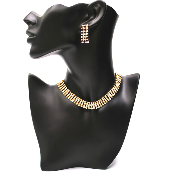 Necklace Set Rhinestone Choker 5 Row Gold Clear