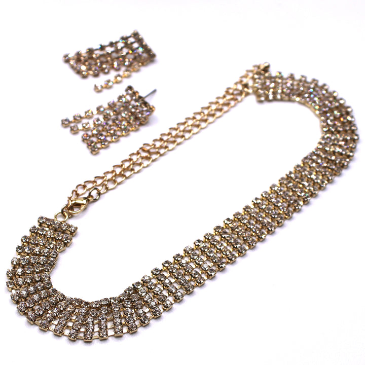 Necklace Set Rhinestone Choker 5 Row Gold Clear