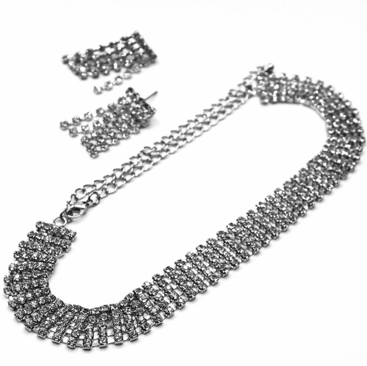 Necklace Set Rhinestone Choker 5 Row Silver Clear