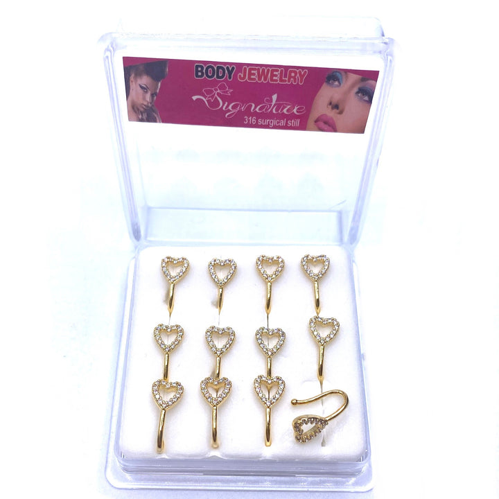 Dozen Nose Cuff Clip Rhinestone Gold Heart