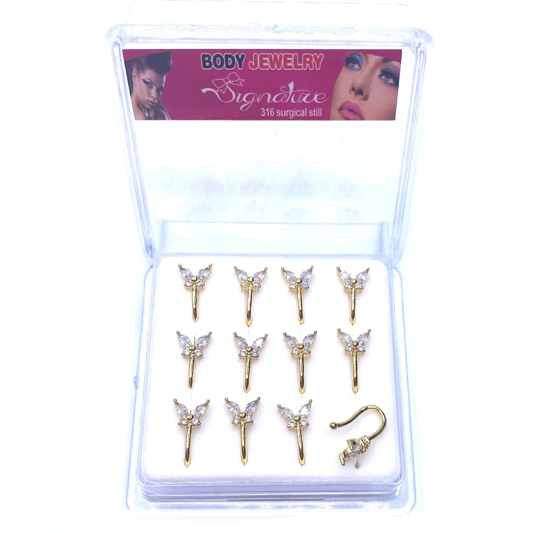 Dozen Nose Cuff Clip Rhinestone Gold Butterfly