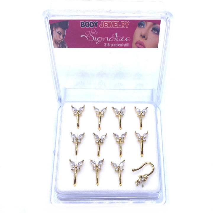 Dozen Nose Cuff Clip Rhinestone Gold Butterfly