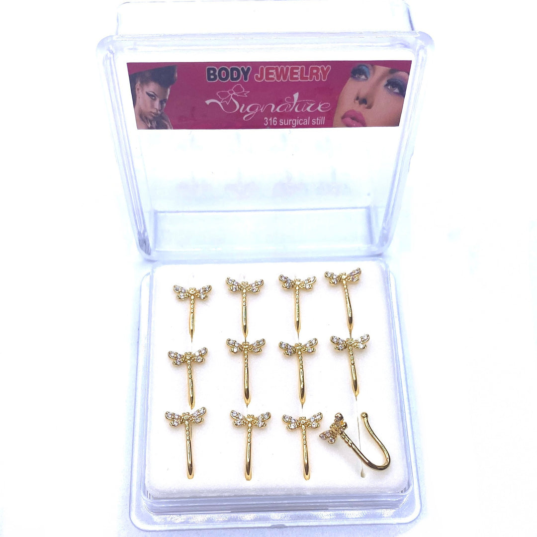 Dozen Nose Cuff Clip Rhinestone Gold Dragonfly