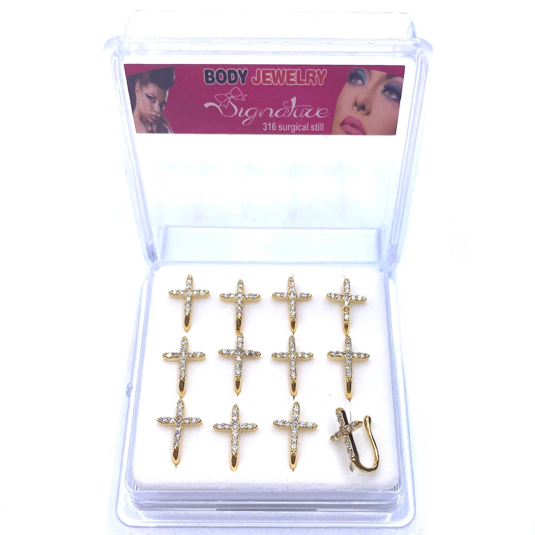 Dozen Nose Cuff Clip Rhinestone Gold Cross