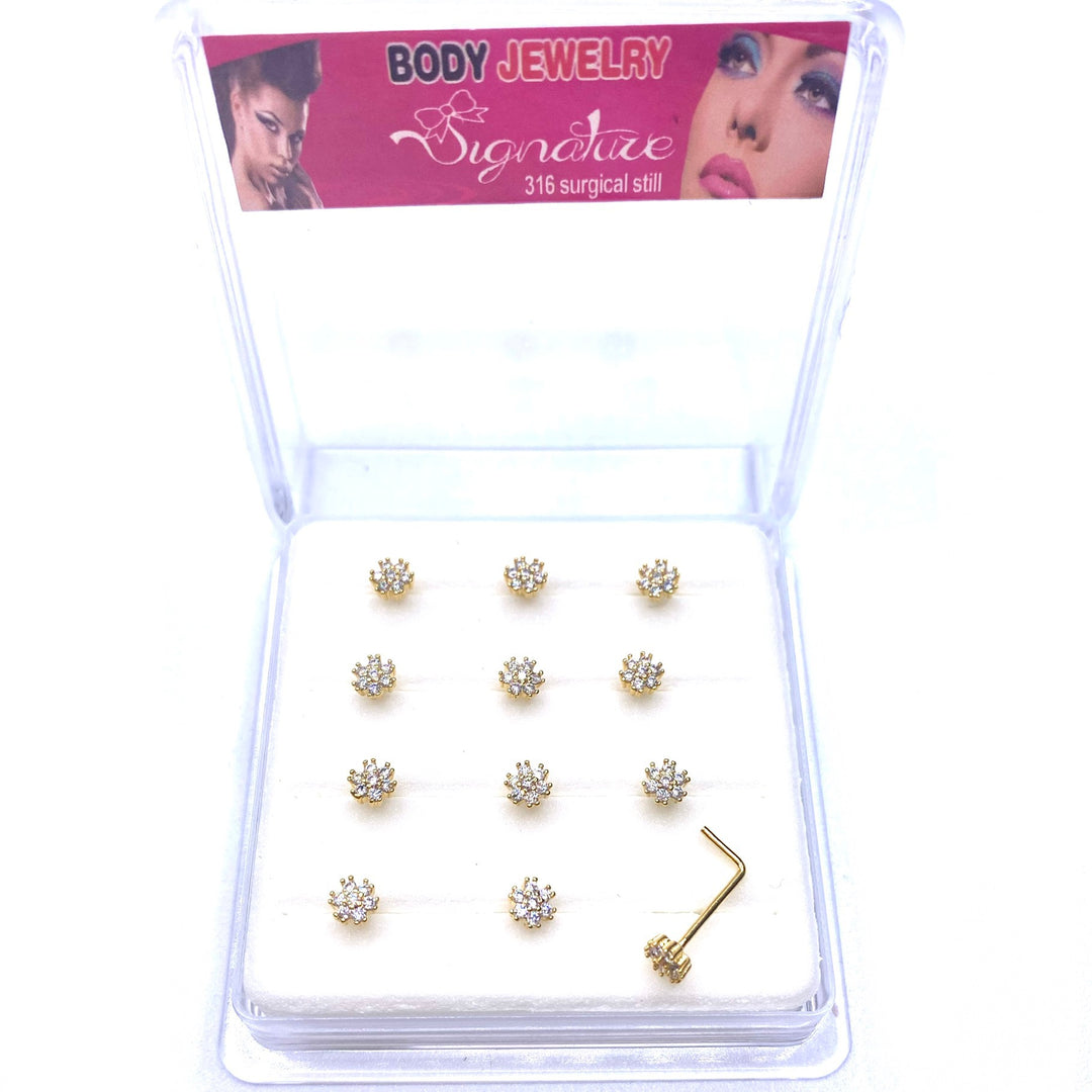 Dozen Nose Pin Piercing Rhinestone Gold with L Shape