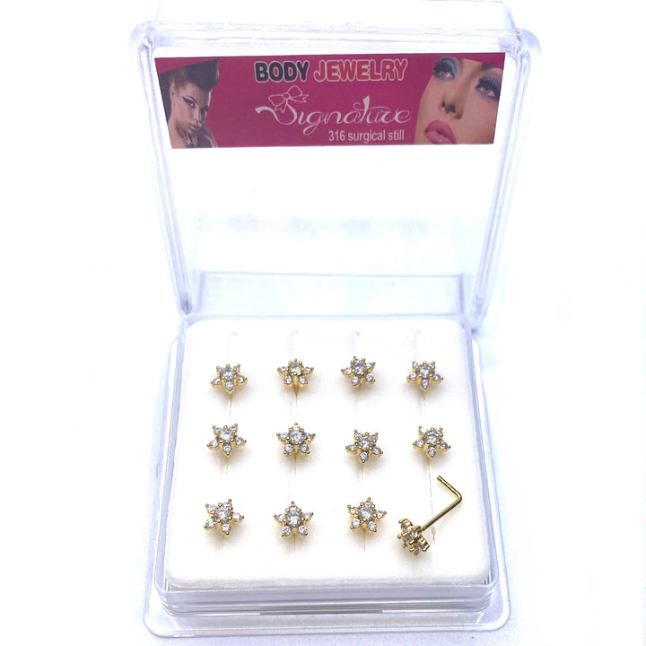 Dozen Nose Pin Piercing Rhinestone Gold with L Shape