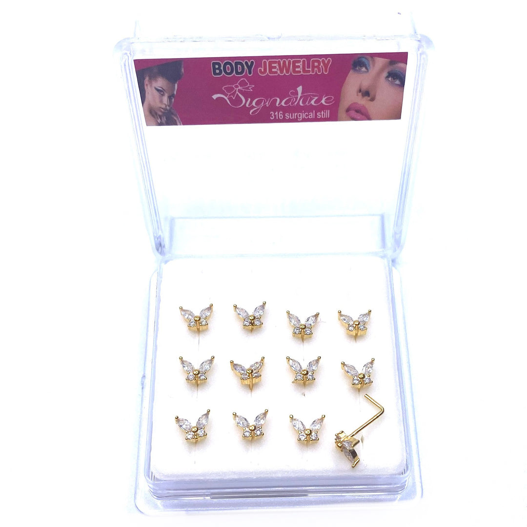 Dozen Nose Pin Piercing Pin Rhinestone Gold with L Shape Butterfly