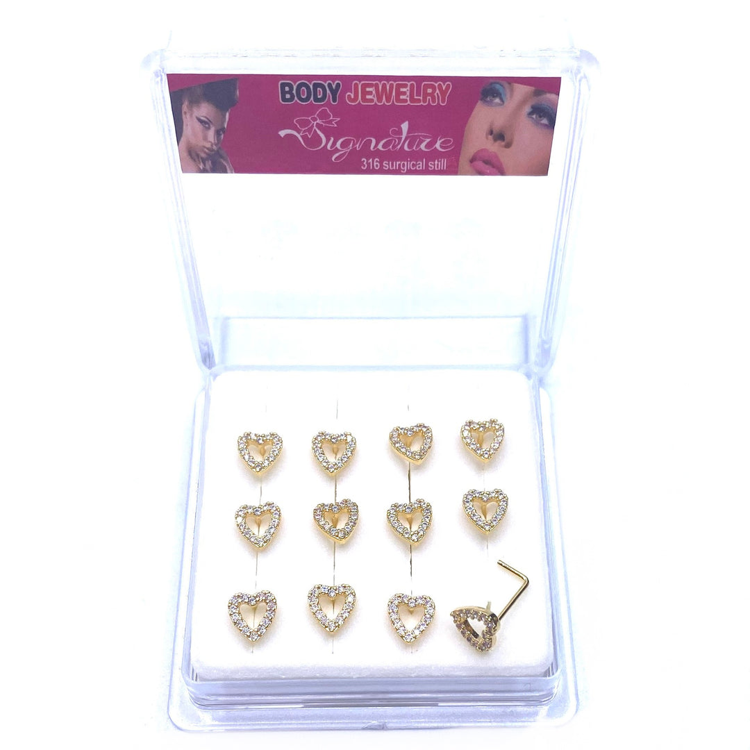 Dozen Nose Pin Piercing Pin Rhinestone Gold with L Shape Heart