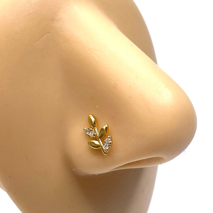 Dozen Nose Stud Piercing Pin Rhinestone Gold with TIP Leaves