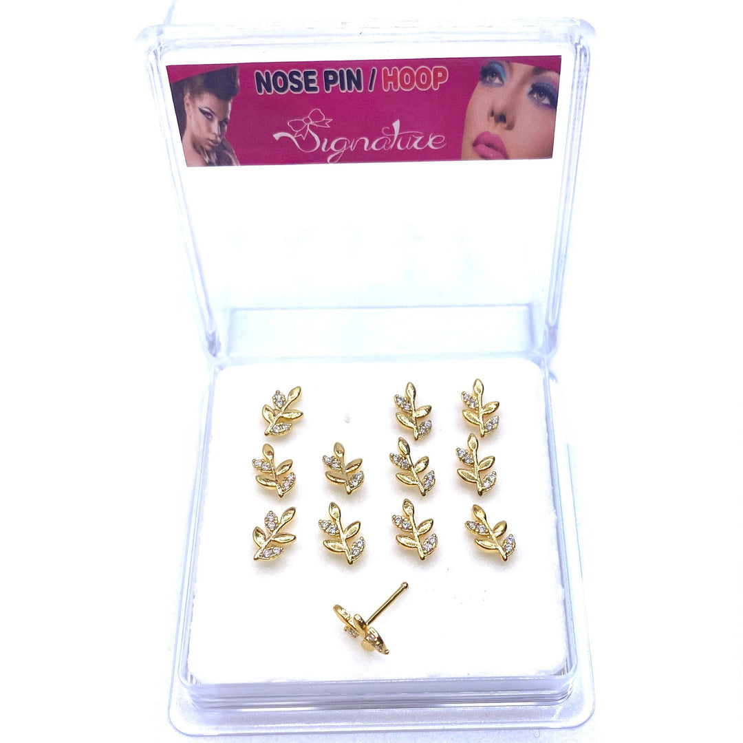 Dozen Nose Stud Piercing Pin Rhinestone Gold with TIP Leaves