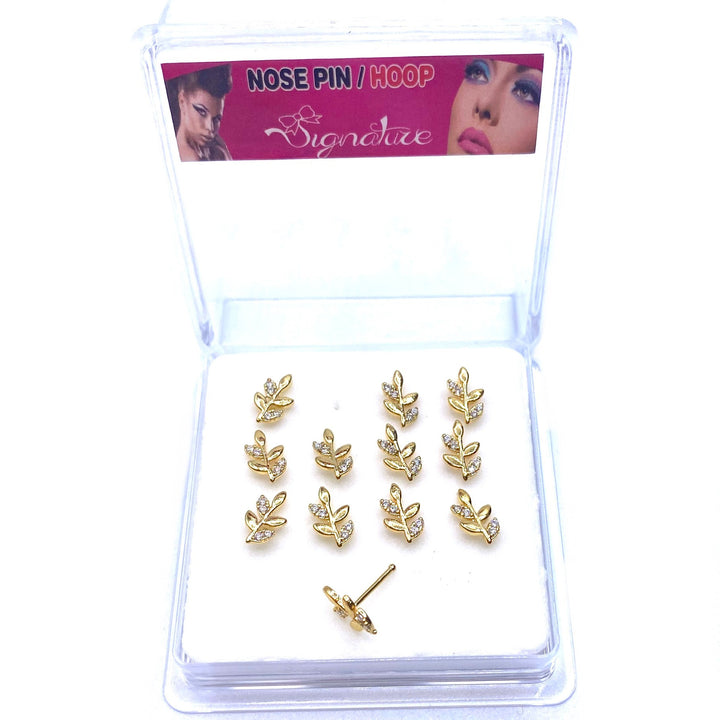 Dozen Nose Stud Piercing Pin Rhinestone Gold with TIP Leaves