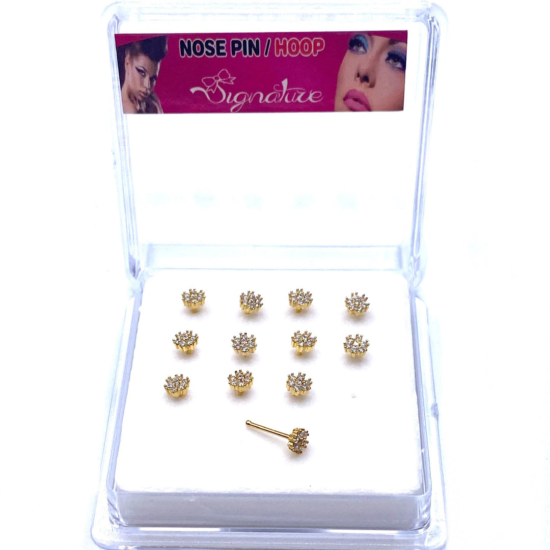 Dozen Nose Stud Piercing Pin Rhinestone Gold with TIP