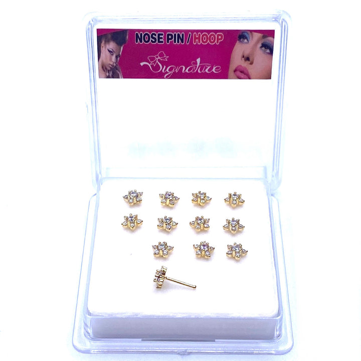 Dozen Nose Stud Piercing Pin Rhinestone Gold with TIP