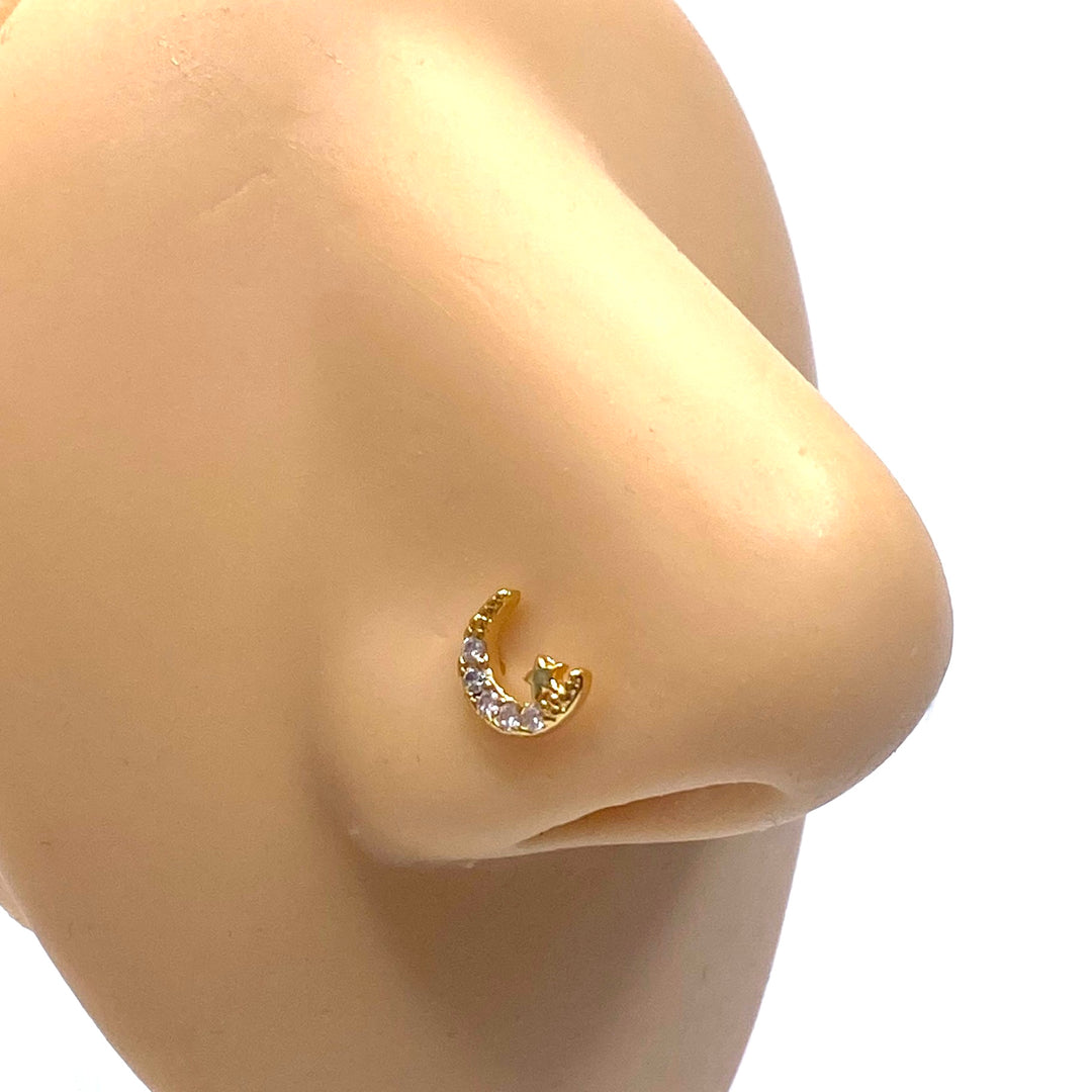 Dozen Nose Stud Piercing Pin Rhinestone Gold with TIP Moon Star