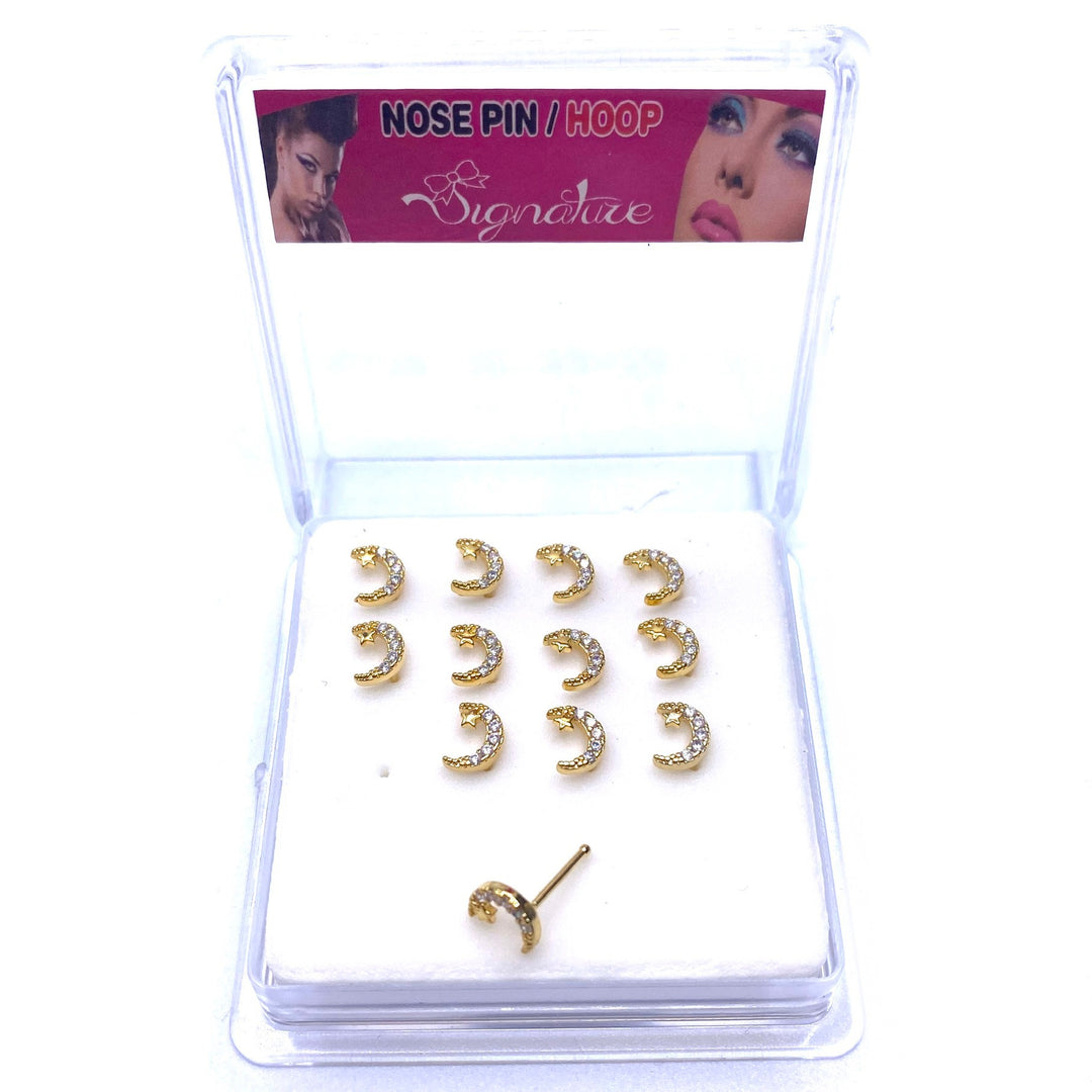 Dozen Nose Stud Piercing Pin Rhinestone Gold with TIP Moon Star