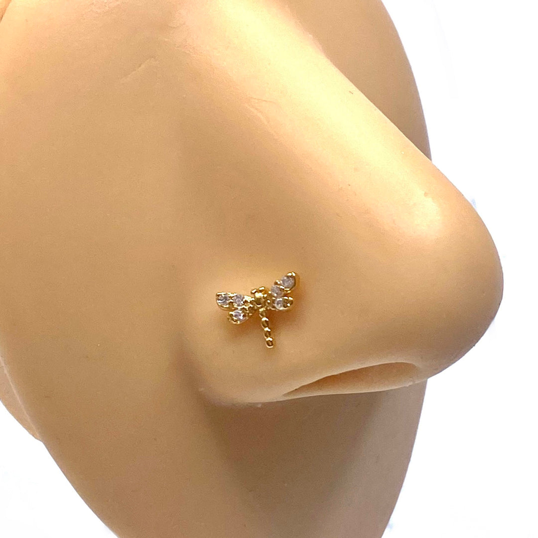 Dozen Nose Stud Piercing Pin Rhinestone Gold with TIP Dragonfly