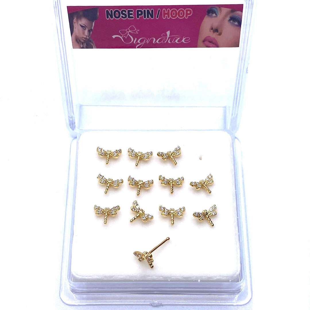 Dozen Nose Stud Piercing Pin Rhinestone Gold with TIP Dragonfly