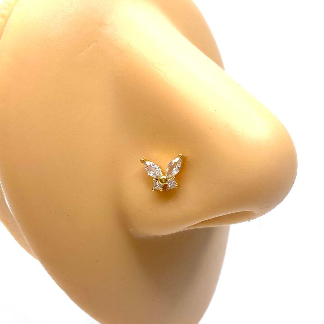 Dozen Nose Pin Piercing Pin Rhinestone Gold with L Shape Butterfly