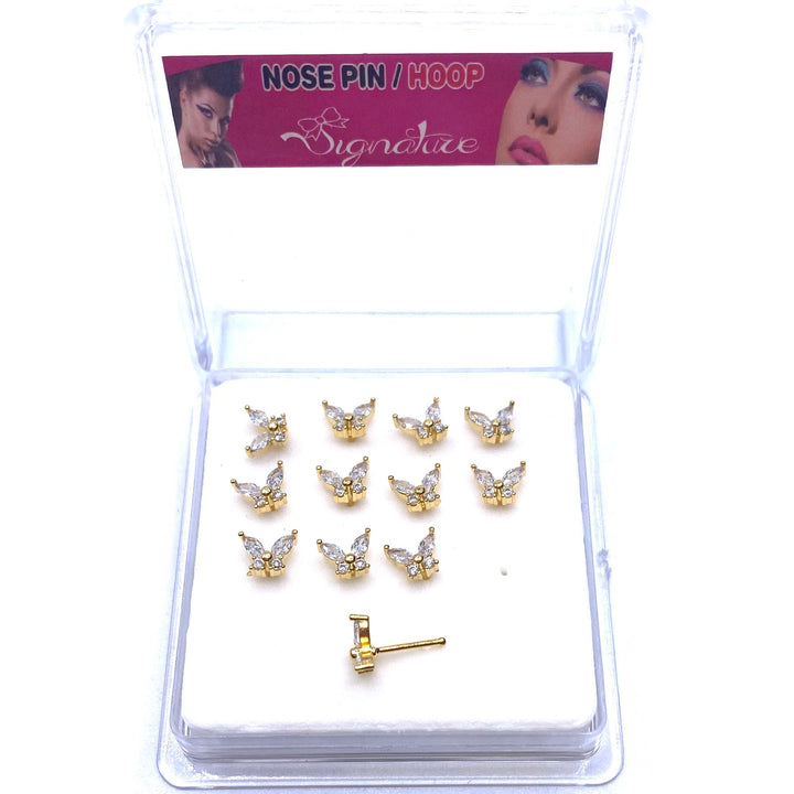 Dozen Nose Stud Piercing Pin Rhinestone Gold with TIP Butterfly