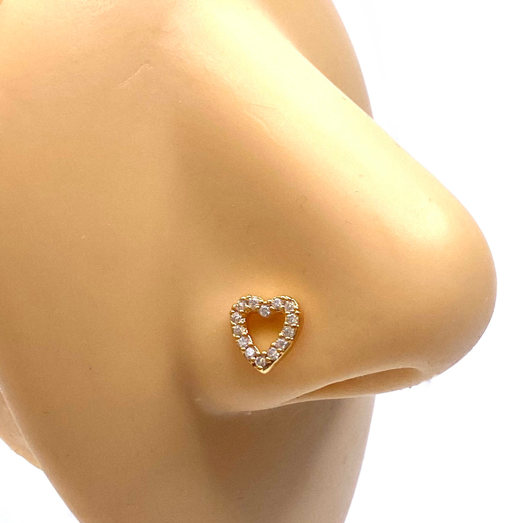 Dozen Nose Pin Piercing Pin Rhinestone Gold with L Shape Heart