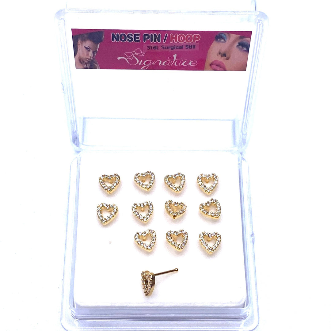 Dozen Nose Stud Piercing Pin Rhinestone Gold with TIP Heart