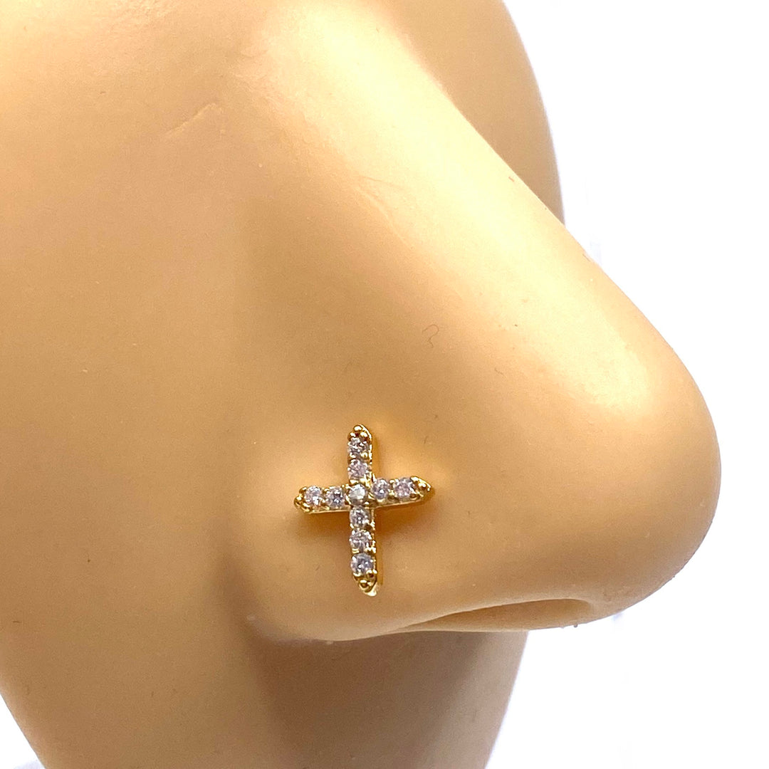 Dozen Nose Stud Piercing Pin Rhinestone Gold with TIP Cross