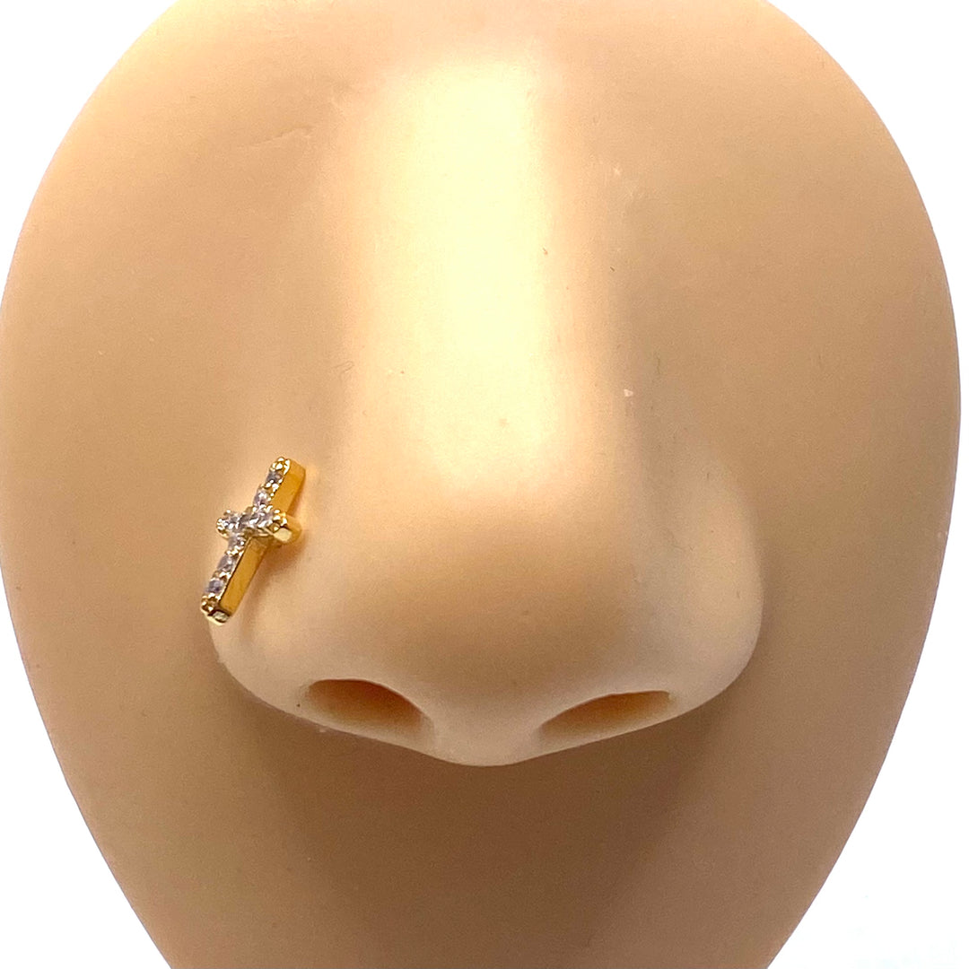 Dozen Nose Stud Piercing Pin Rhinestone Gold with TIP Cross