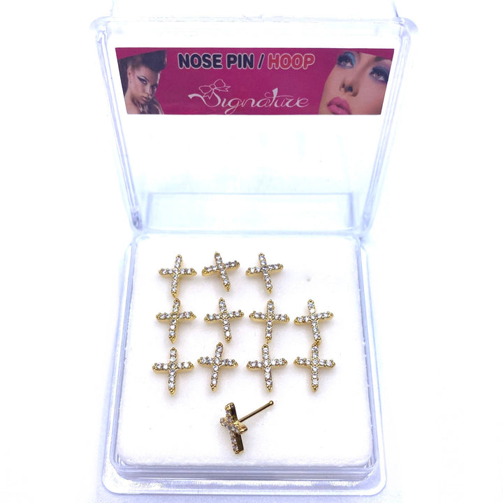 Dozen Nose Stud Piercing Pin Rhinestone Gold with TIP Cross