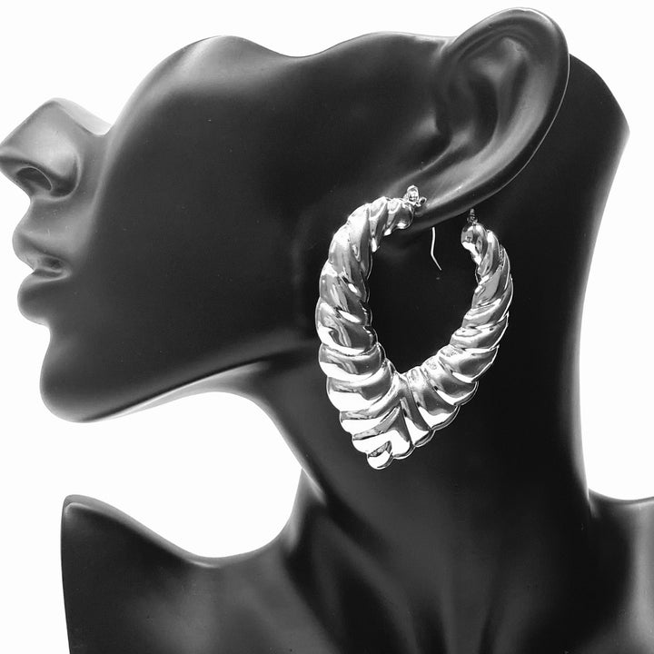 Earring Metal Hoop Texture Print Design Silver