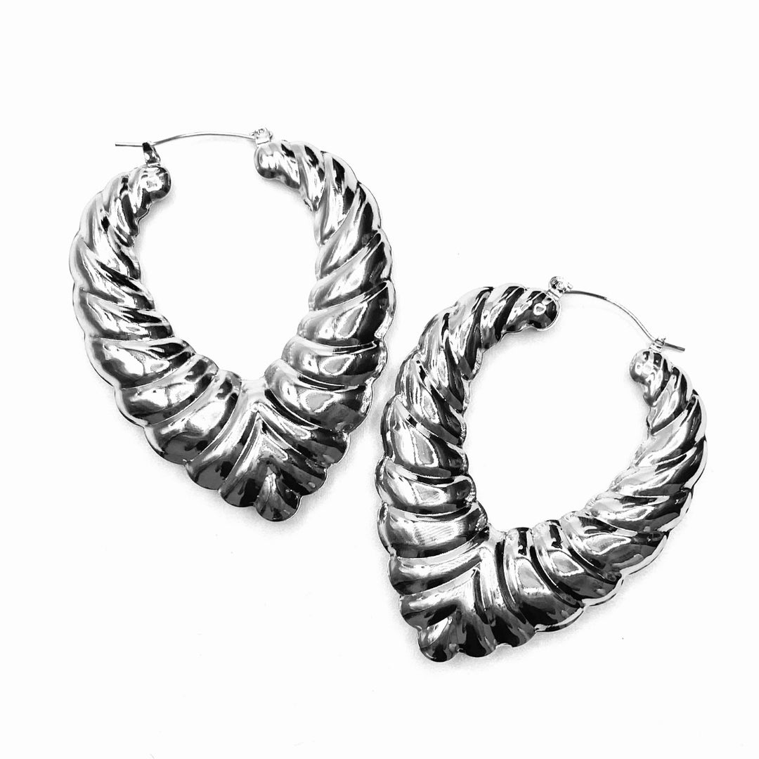 Earring Metal Hoop Texture Print Design Silver