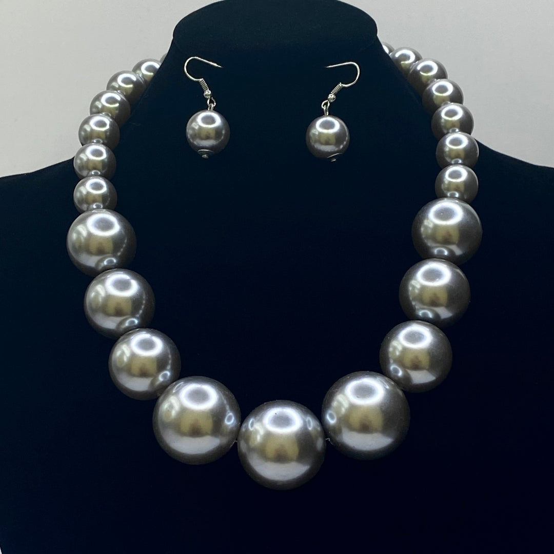 Pearl Necklace Set Silver Grey