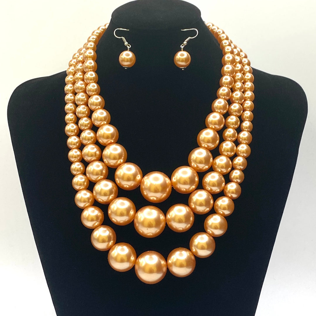 Layered Pearl Necklace Set Gold Brown