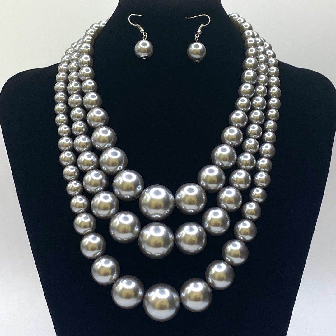 Layered Pearl Necklace Set Silver Grey