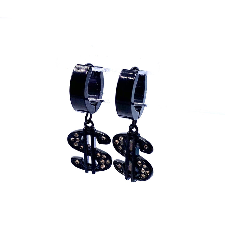 Earring Hoop Huggie Stainless Steel Metal Dangle Dollar Sign $ 1.4 inch Black