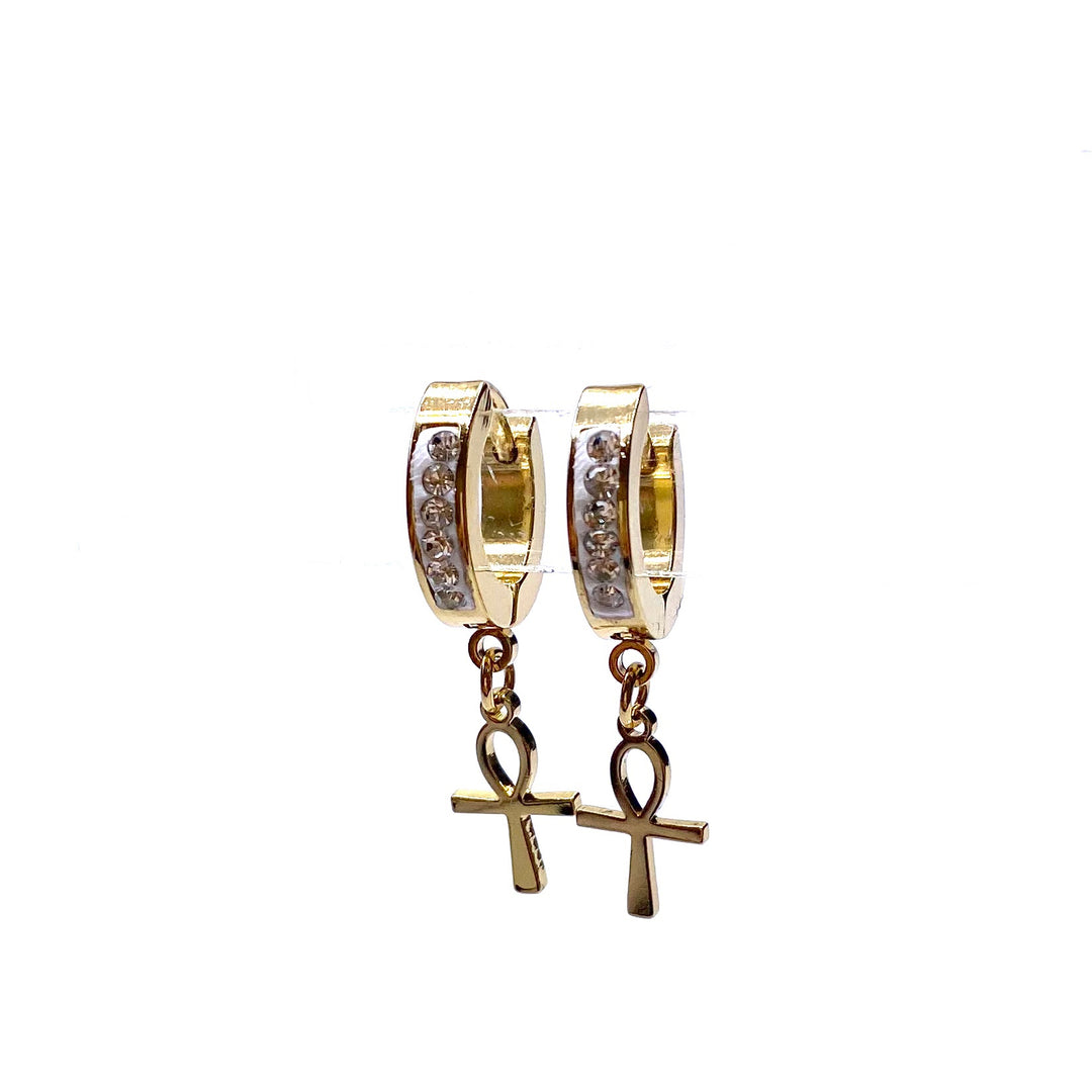 Earring Hoop Huggie Stainless Steel Metal Dangle Cross Gold